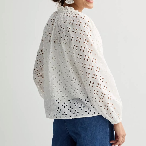 Nine West White Eyelet Women's Ruffle Collar Blouse - Picture 2 of 16
